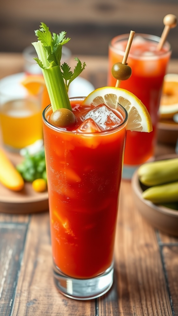 A spicy vodka Bloody Mary cocktail with garnishes, served in a tall glass on a rustic table.